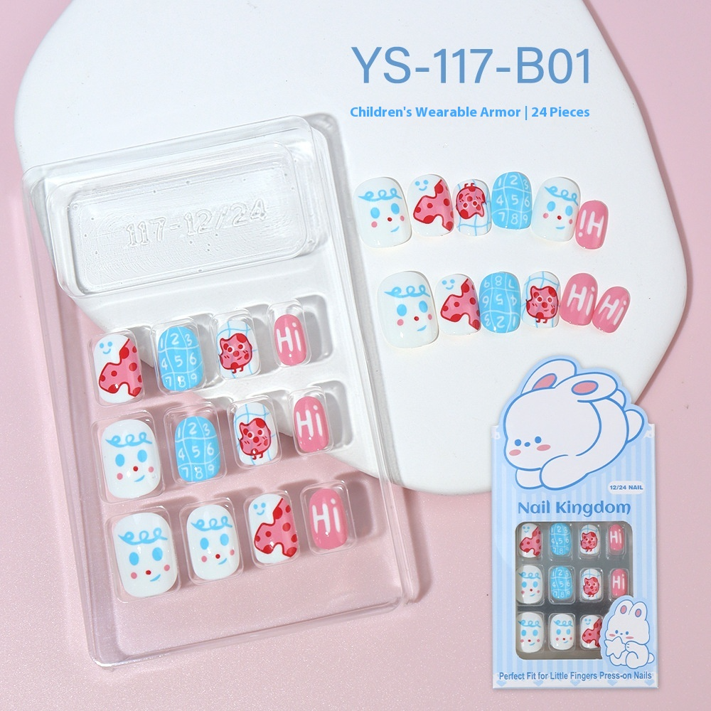 Children press on nails, cartoon 24-piece boxed finished product, sweet and cute children's removable fake nail patch manicure