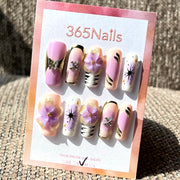 365nails — Rêves lavande — ongles forme amande fait main 3D floraux et effet chrome