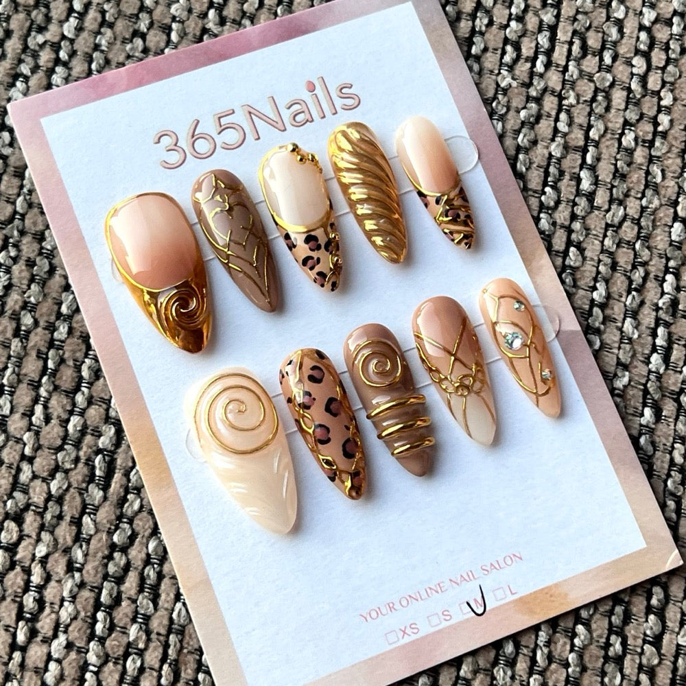 Champagne Spiral Luxe - Gold Brown Swirl Press-On Nails