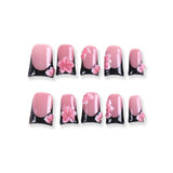 Pink Black Press-On Nails with 3D Floral Design