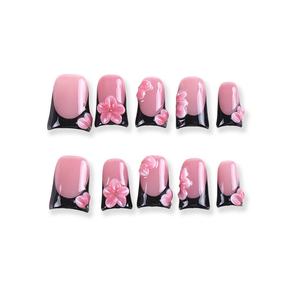 Pink Black Press-On Nails with 3D Floral Design