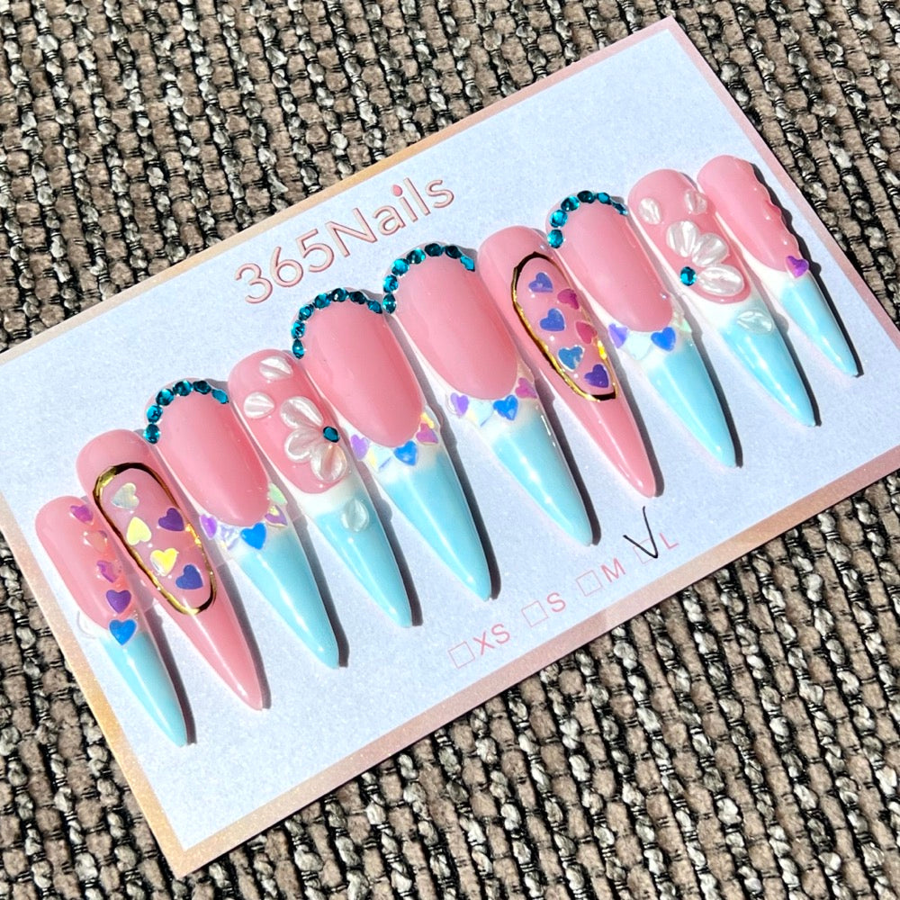 365nails：「糖果天空」— 3D 花朵與愛心手工製長款尖形穿戴甲