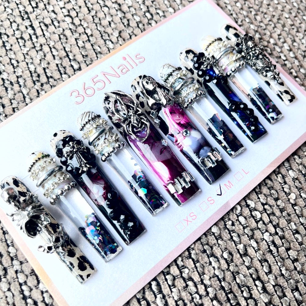 365nails: "Midnight Masquerade" – 3D Art Handmade Coffin Nails-5.5cm