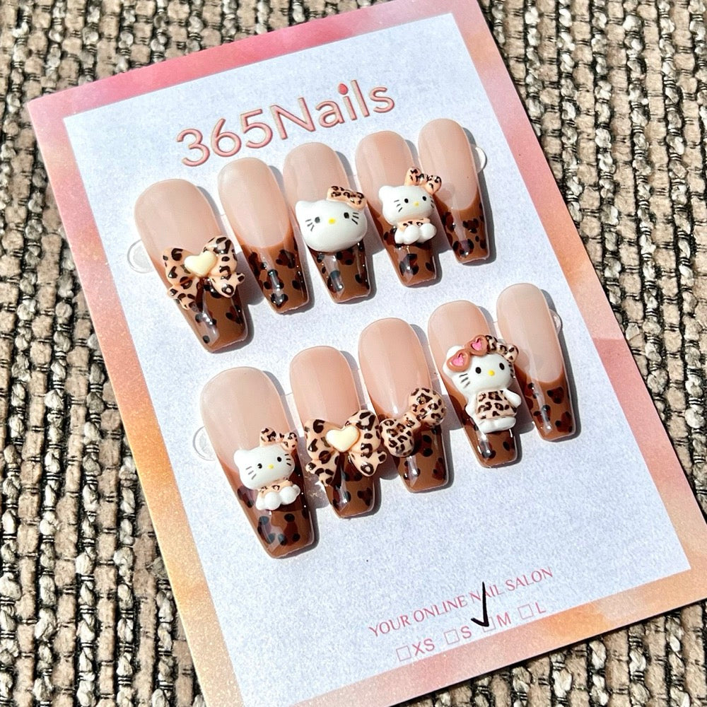 365nails: 레오파드 헬로키티 프렌치 – 3D 키티 & 리본 수제 코핀형 네일
