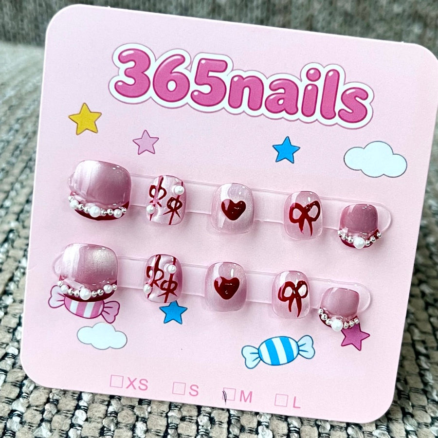 365nails: "Velvet Ribbon Romance" – 3D Bow & Heart Handmade Short Square Nails