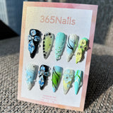 Handmade Avant-Garde 3D Floral Press-on Nails | Black & Mint Green Stiletto | Abstract Lines & Water Droplets