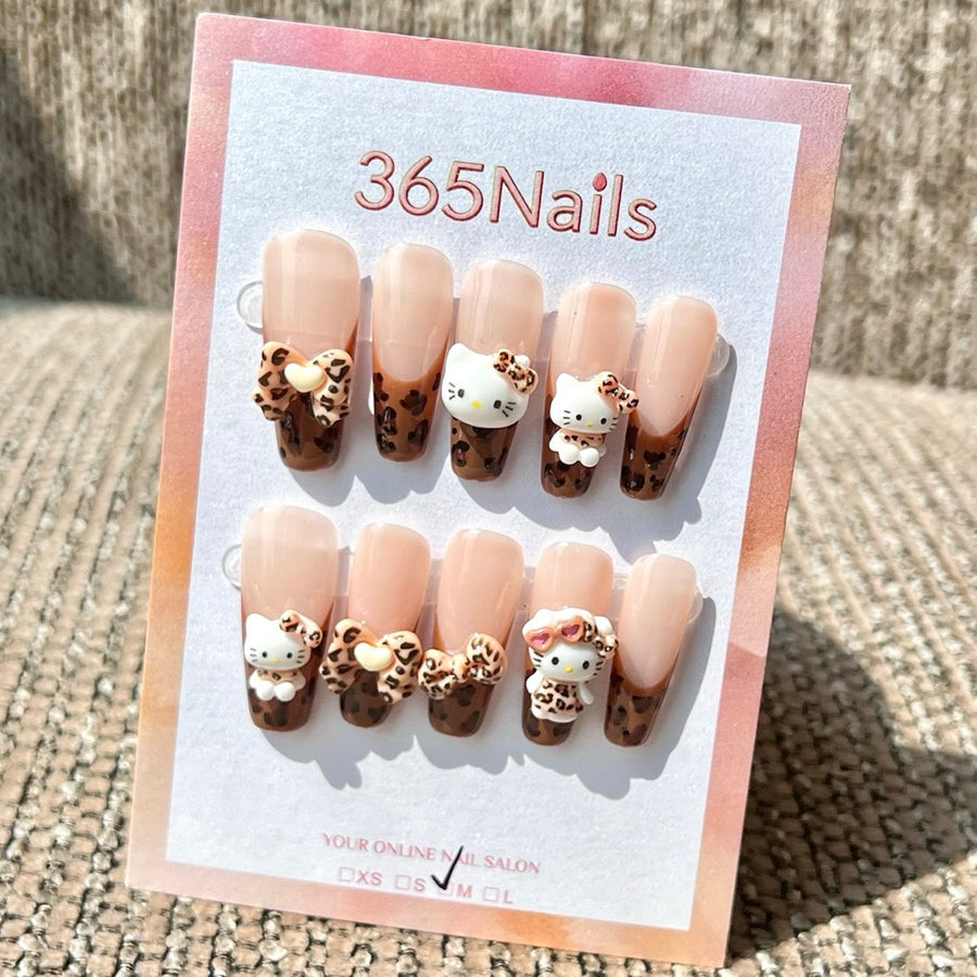 365nails: "Leopard Hello Kitty French" – 3D Kitty & Bow Handmade Coffin Nails
