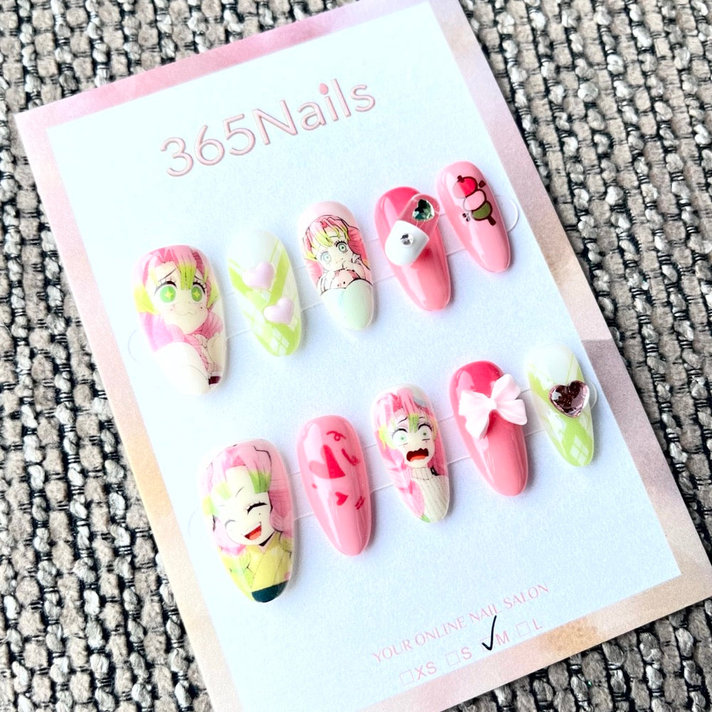 365nails: "Demon Slayer Mitsuri Kanroji" – Handmade Short Almond Press-On Nails
