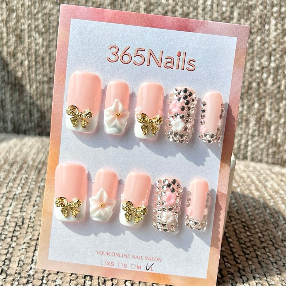 365nails: "Blush Pink Gold Bow Flower Rhinestone" – Handmade Medium Squoval Press-On Nails