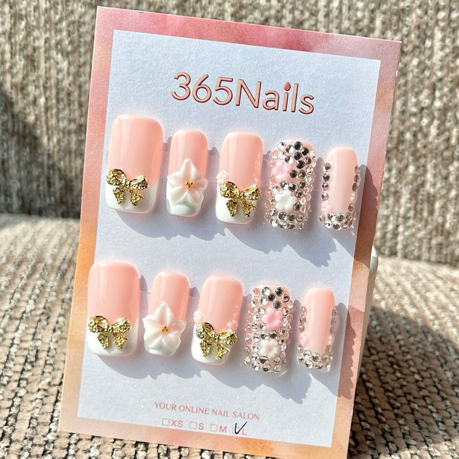 365nails: "Blush Pink Gold Bow Flower Rhinestone" – Handmade Medium Squoval Press-On Nails