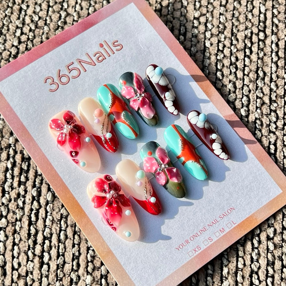 365nails: "레트로 플로럴 추상" – 수제 미디엄 스퀘어형 프레스온 네일