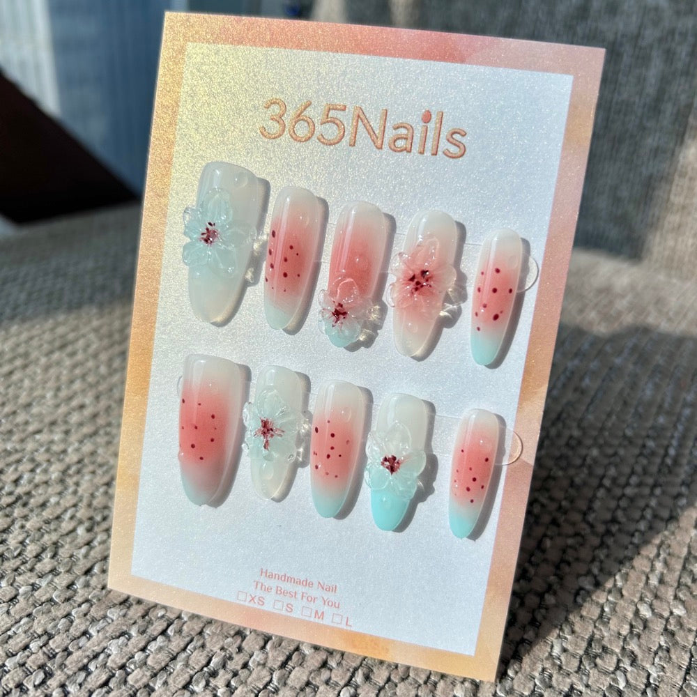 Handmade 3D Crystal Flower & Pink Blush Press-on Nails