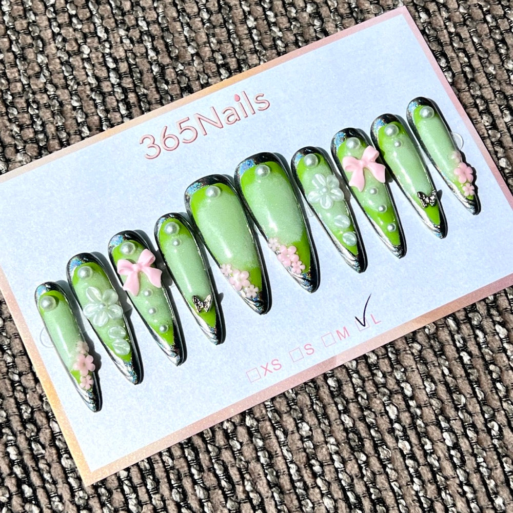 365nails: "Emerald Garden" – 3D Floral Bow Handmade Stiletto Nails