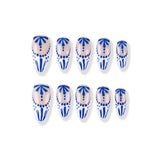 Blue and white porcelain with blue and white dots, hand-painted almond design in the middle Press On Nail