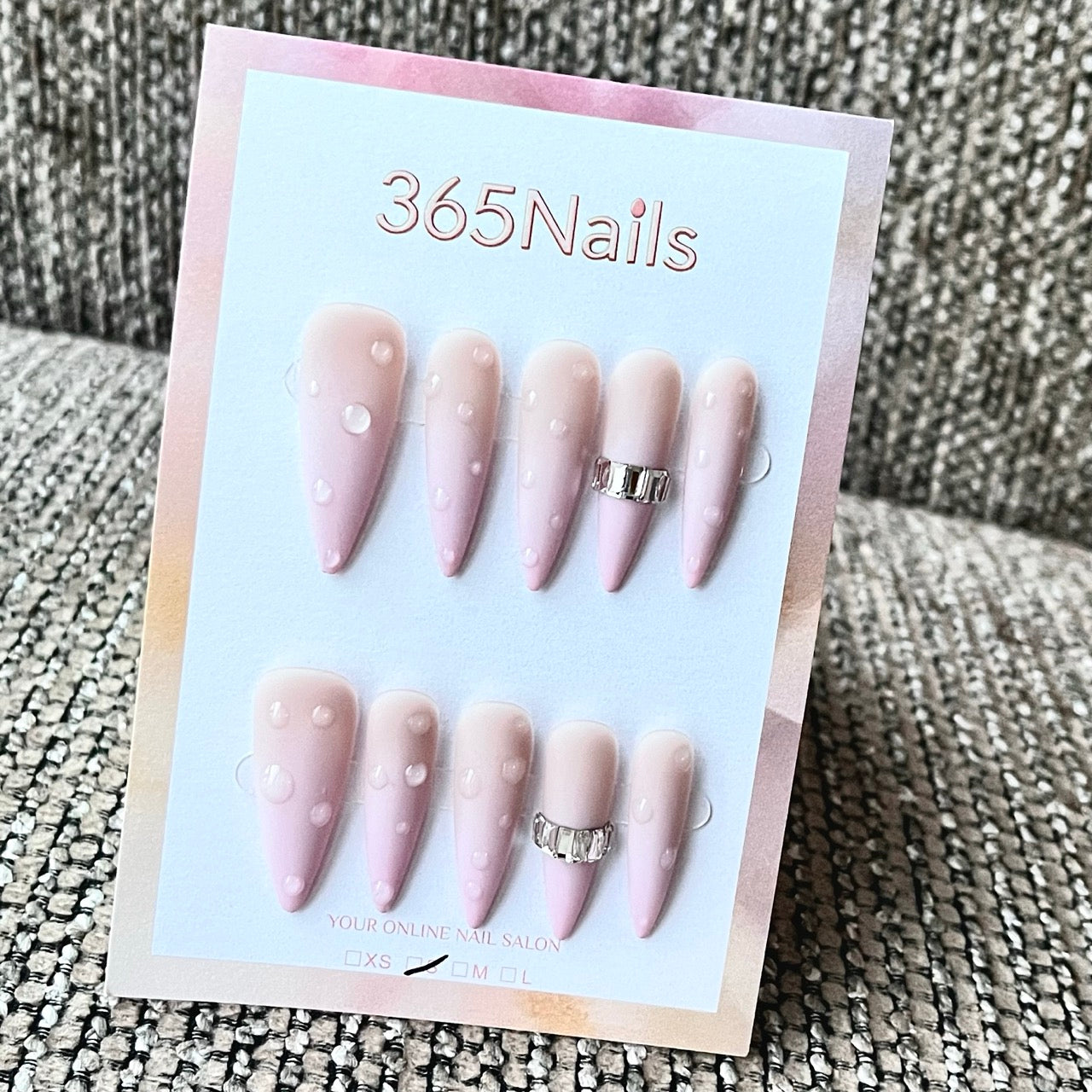 Nude Pink Ombre Matte Press-On Nails with 3D Waterdrop & Rhinestone Accents