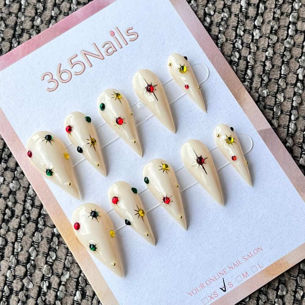 Nude Stiletto Press-On Nails with Colorful Star Charms
