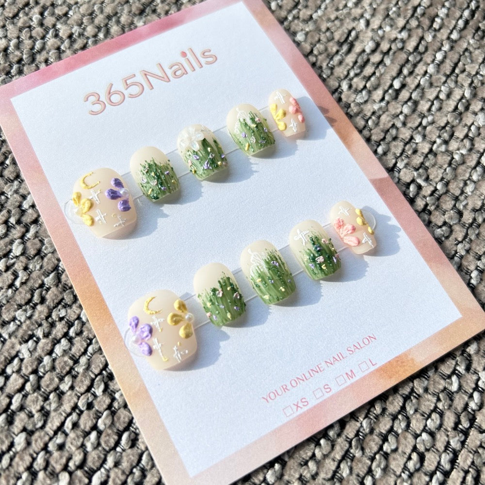 Sweet & Dopamine: "Secret Meadow" – Matte Milky Base, Hand-Painted Green Grass, 3D Wildflowers & Moon Short Nails