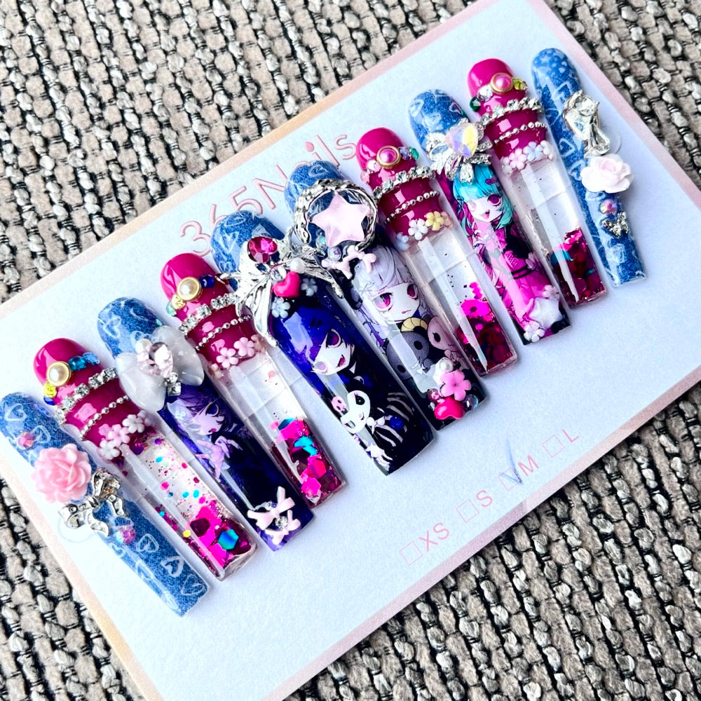 365nails: "Fantasia Sombria" – Unhas Postiças Decoradas à Mão de Personagens 3D Estilo Caixão – 5,5cm