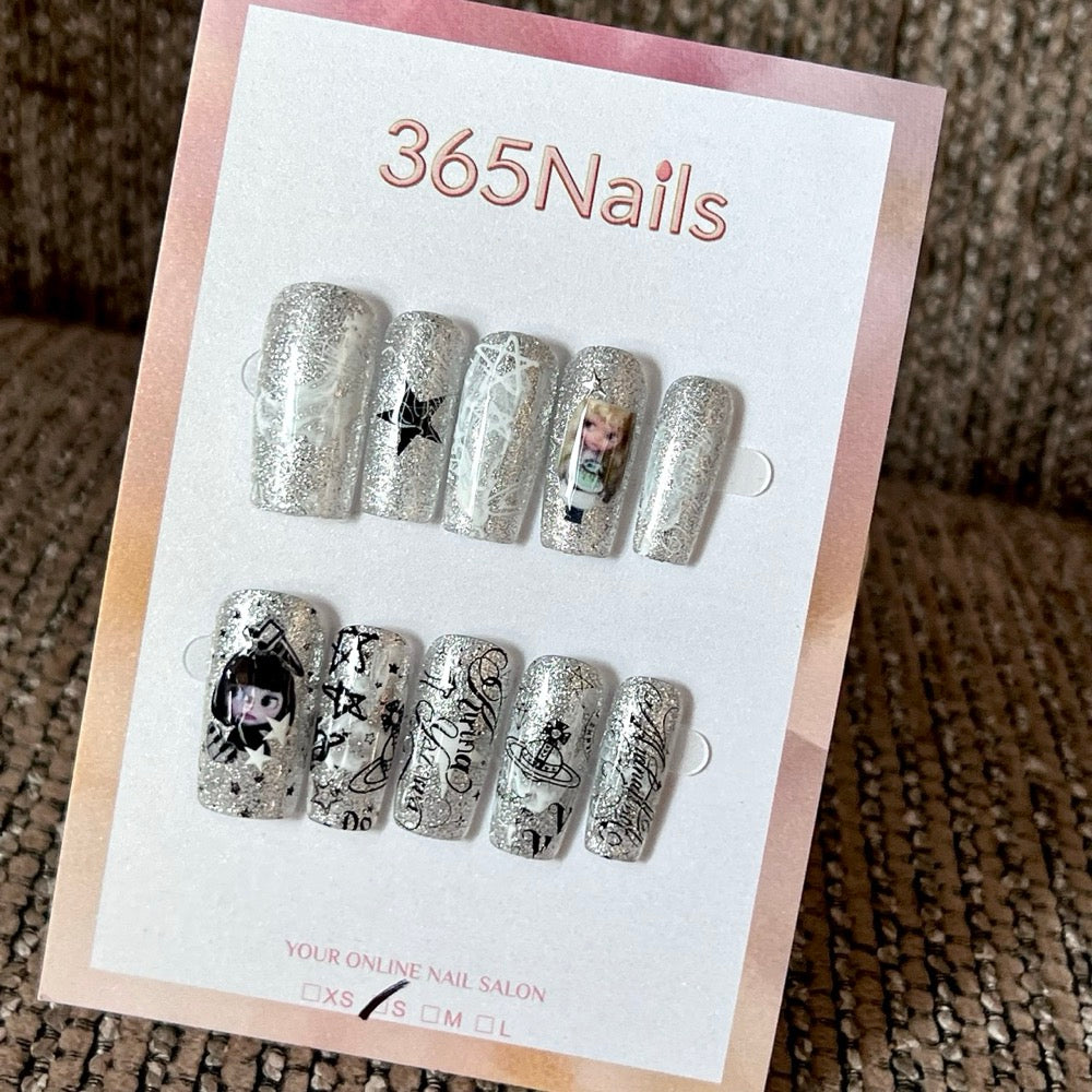 Silver Story - Silver Graphic Square Press-On Nails