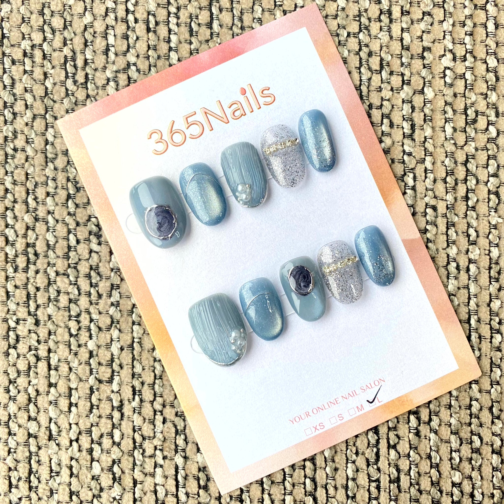365nails: "Vintage Blue Cameo" – Dusty Blue Cat-Eye & Gem Handmade Squoval Nails