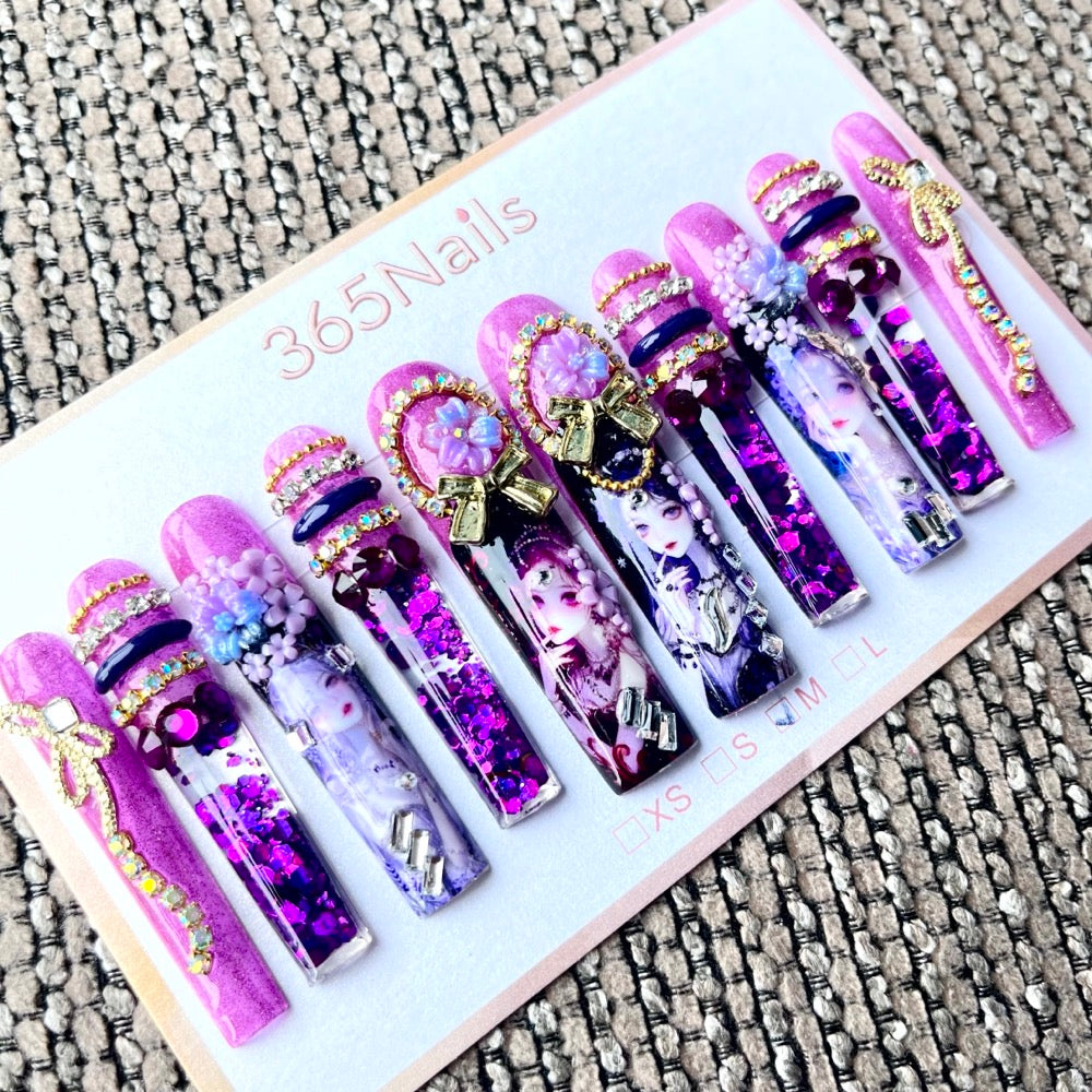 365nails: "Violet Reverie" – 3D Floral Character Handmade Coffin Nails-5.5cm