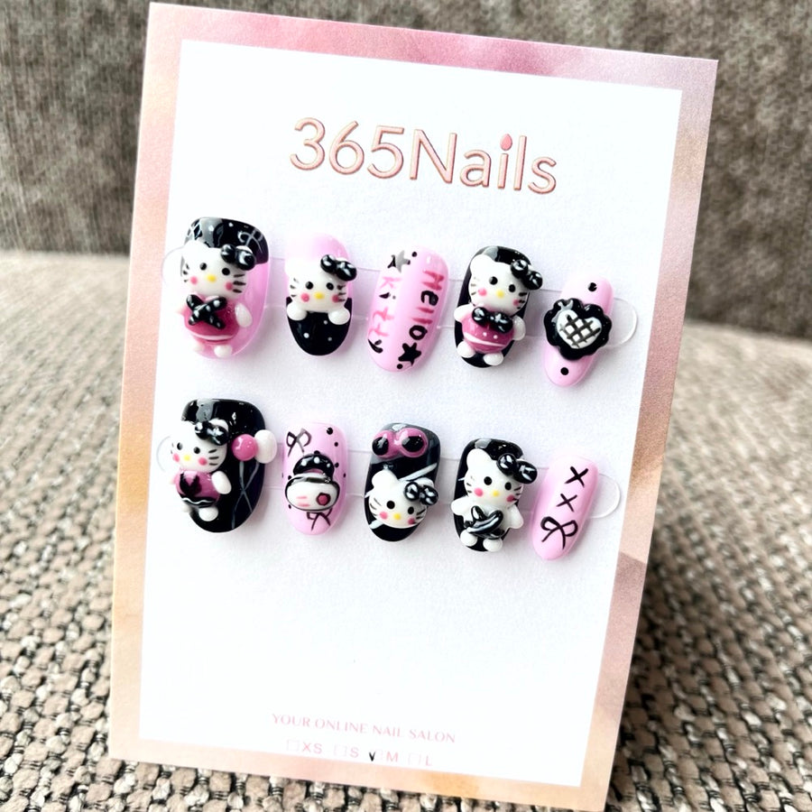 365nails: "Gothic Kitty" – 3D Hello Kitty Short Square Nails