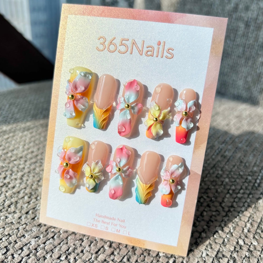 Handmade "Sunset Paradise" 3D Floral Press-on Nails | Ombré Rainbow & Textured Leaf French | Long Coffin