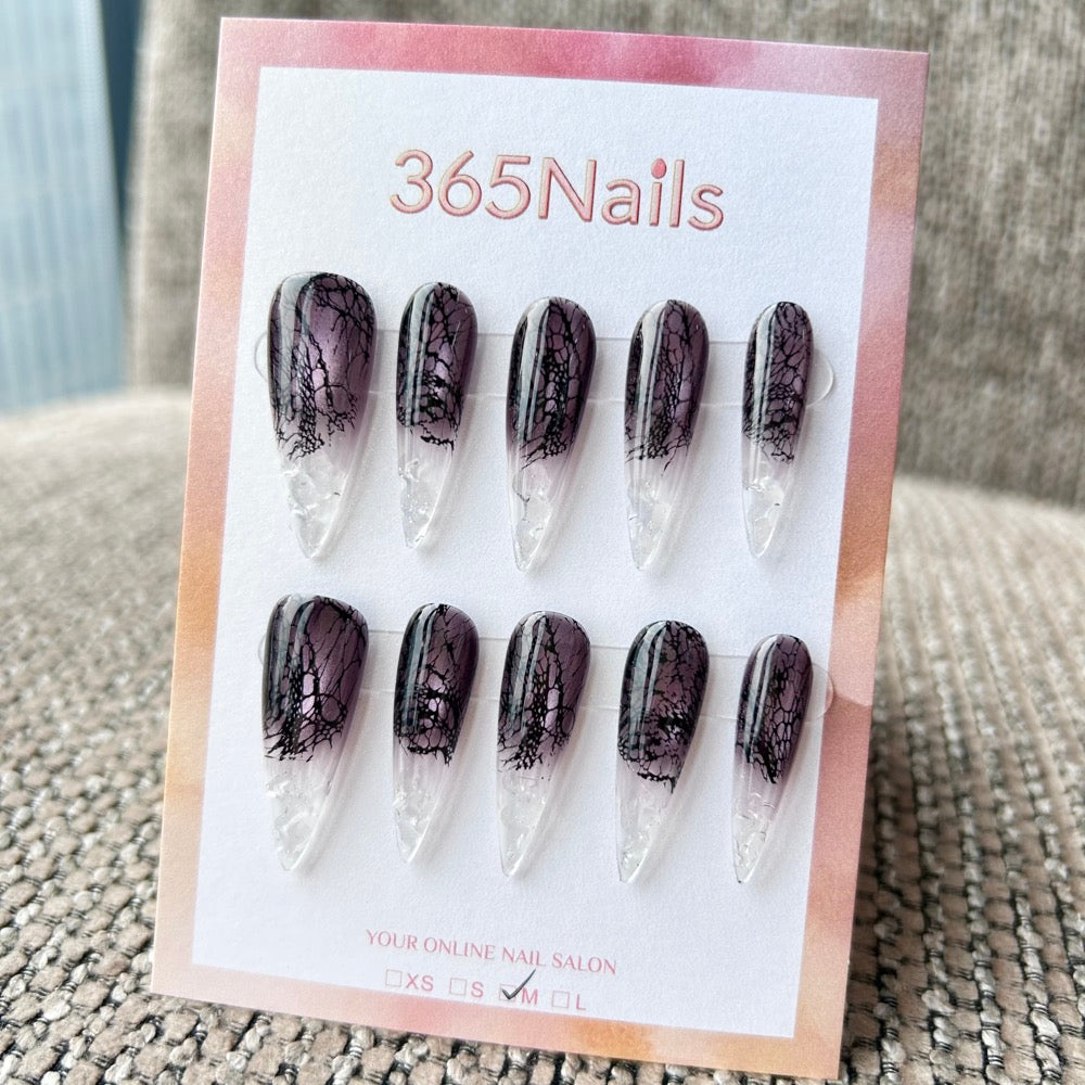 Femme Fatale: "Midnight Lace" – Deep Amethyst to Clear Ombre with Black Netting Texture Long Stiletto Nails