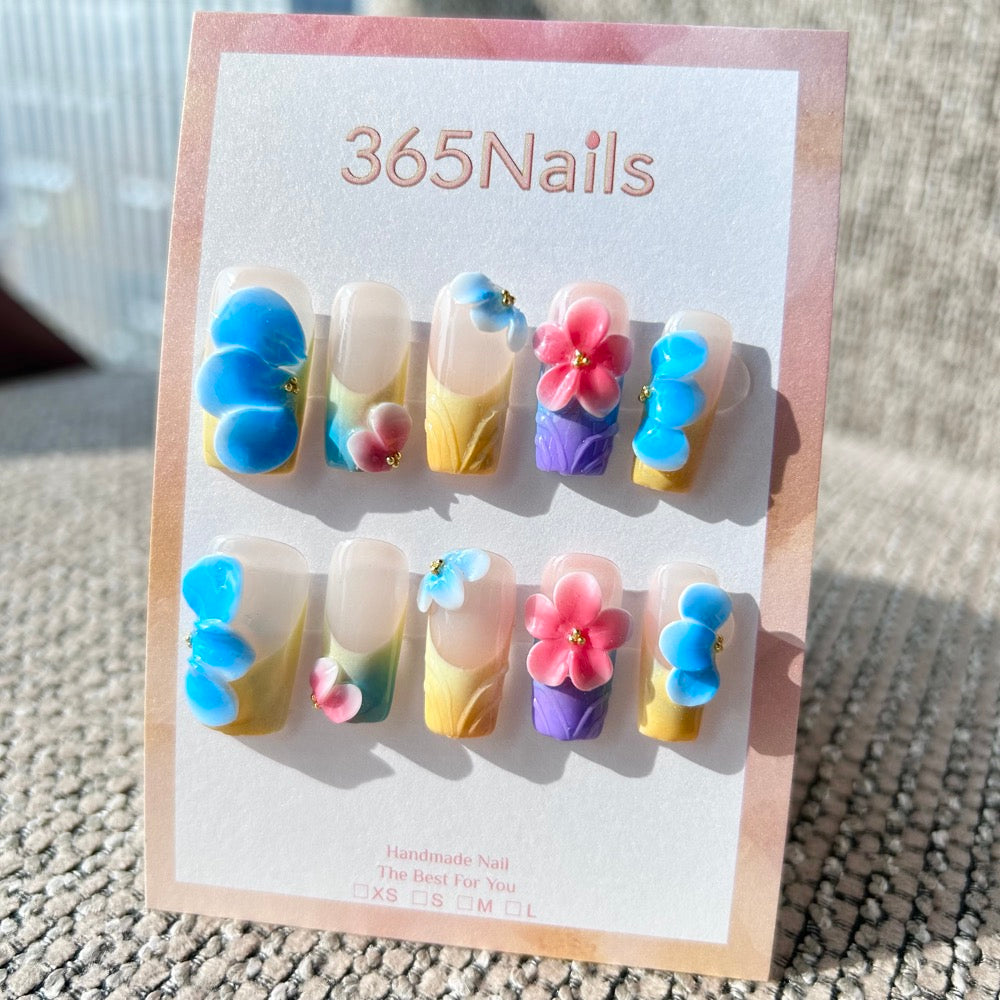 Sculpted Flora: "Pastel Spring Garden" – 3D Blue & Pink Floral Colorful French Square Nails