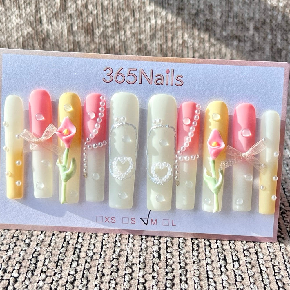 365Nails: "Elegant Pink White Flower Rhinestone Long" – Handmade Long Tapered Square Press-On Nails