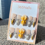 Sculpted Flora: "Golden Tiger Lily" – 3D Yellow Orchid & Tiger Print French Tip Nails with Crystal Accents