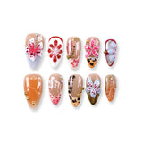 365Nails Milk-Tea Nude with Berry Red Mix, Hand-Painted + 3D Petals and Gold Stud Leopard Accents Press-On Nails
