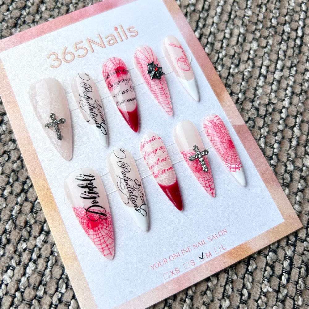 Femme Fatale: "Web of Romance" – Milky White Base with Red Spiderwebs, Gothic Calligraphy & Silver Cross Charms Long Stiletto Nails