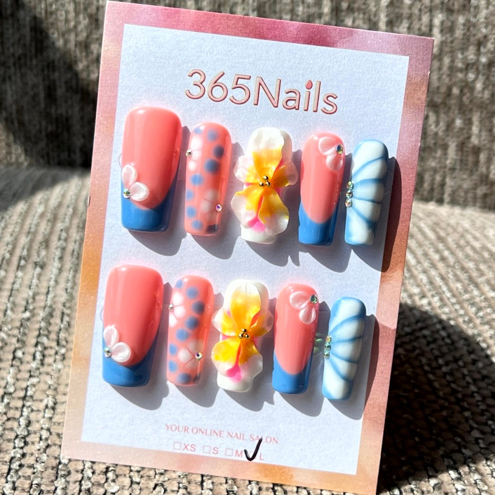 365nails: "Brise tropicale" — 3D floraux et French, ongles forme amande faits main