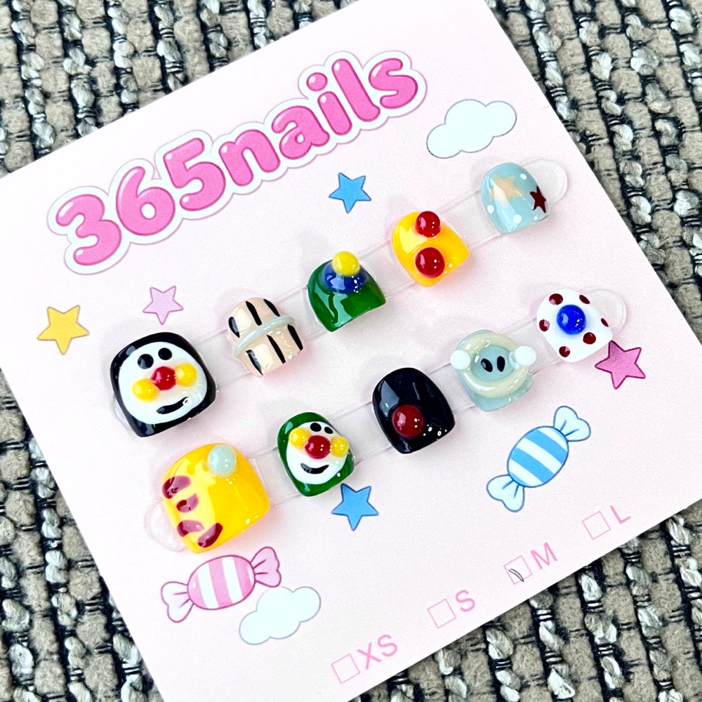 365nails: "Cartoon Circus" – 3D Character & Stripes Handmade Short Square Nails