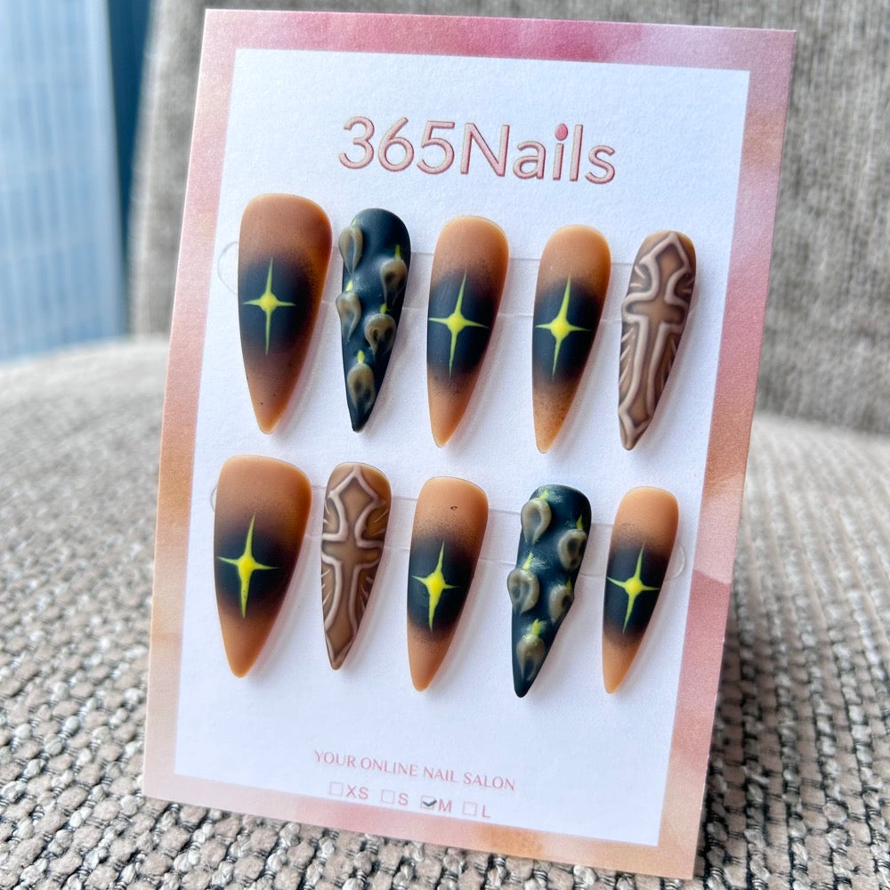 Femme Fatale: "Wasteland Relic" – Matte Brown Airbrush with Neon Starburst & 3D Alien Tentacle Texture Long Stiletto Nails