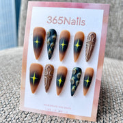 Femme Fatale: "Wasteland Relic" – Matte Brown Airbrush with Neon Starburst & 3D Alien Tentacle Texture Long Stiletto Nails
