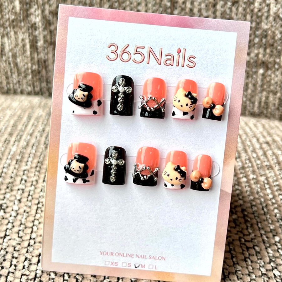 "Peach Black Hello Kitty Cross" - Wholesale Ultra-Soft Flexible Fit Handmade Nails (MOQ=100)