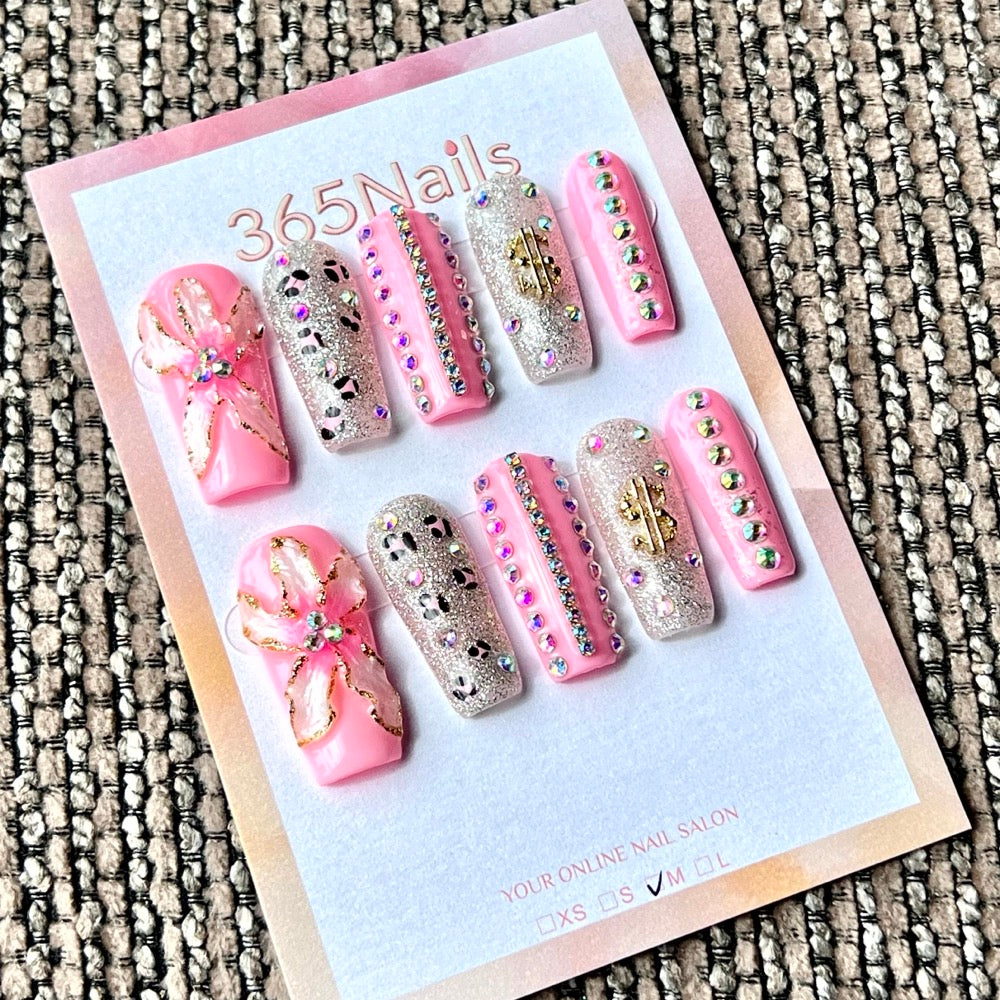 365nails: "Pink Leopard Glitter Bloom" – Handmade Medium Square Press-On Nails