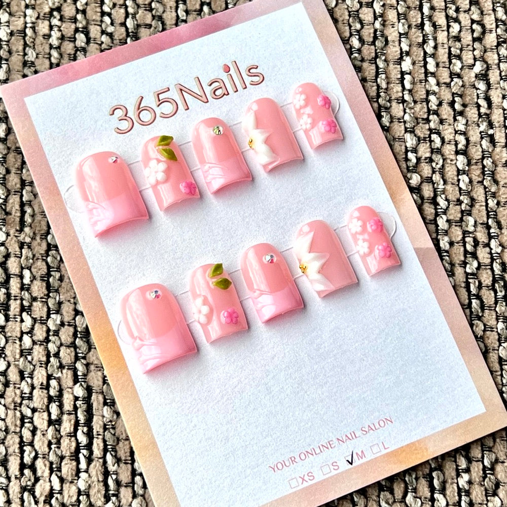 Rose floral manucure française - Vente en gros : ongles press-on ultra-doux, ajustement flexible, fait main (MOQ=100)