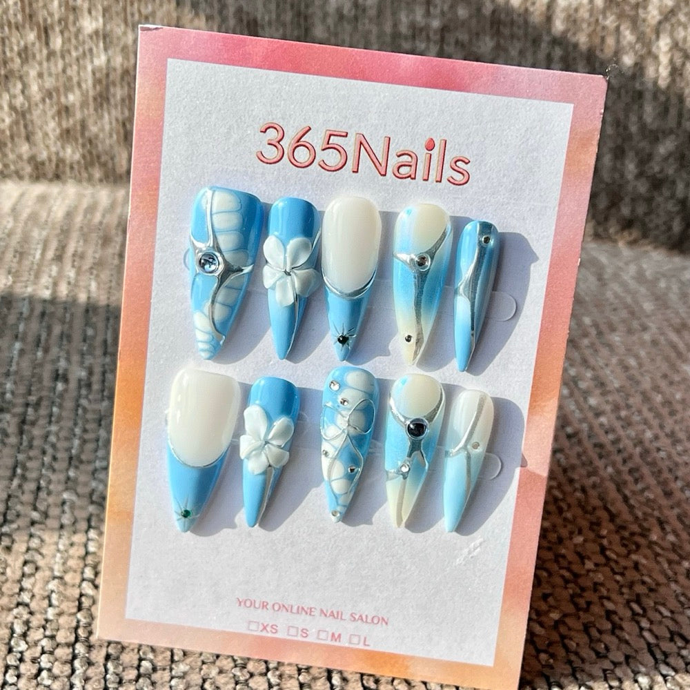 365nails: "Blue & Silver Croc Print" – Handmade Medium Stiletto Press-On Nails