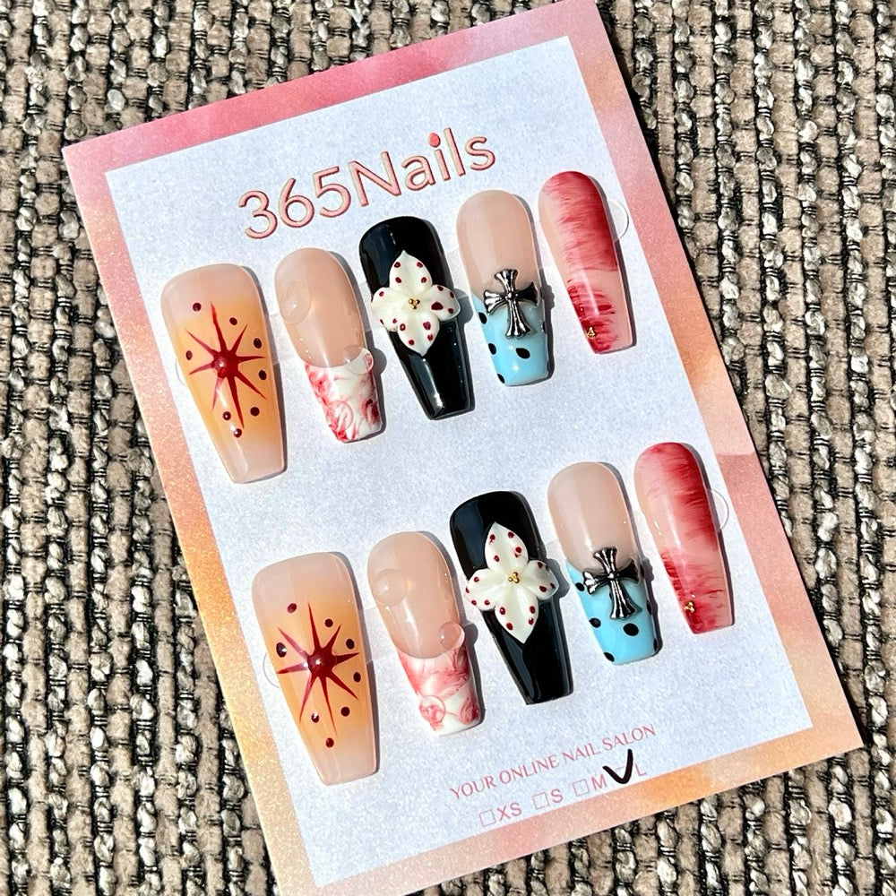 365nails: "Nude Black Cross Flower Mix" – Handmade Medium Coffin Press-On Nails