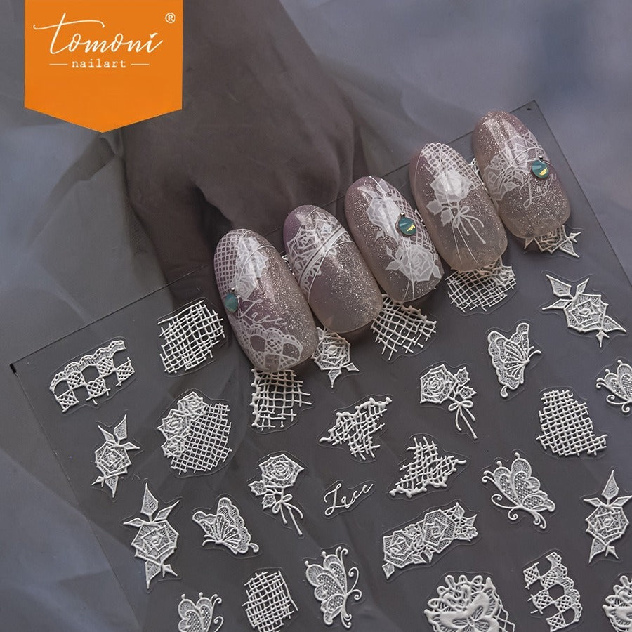 White Lace Rose – Elegant Embossed Nail Art Set