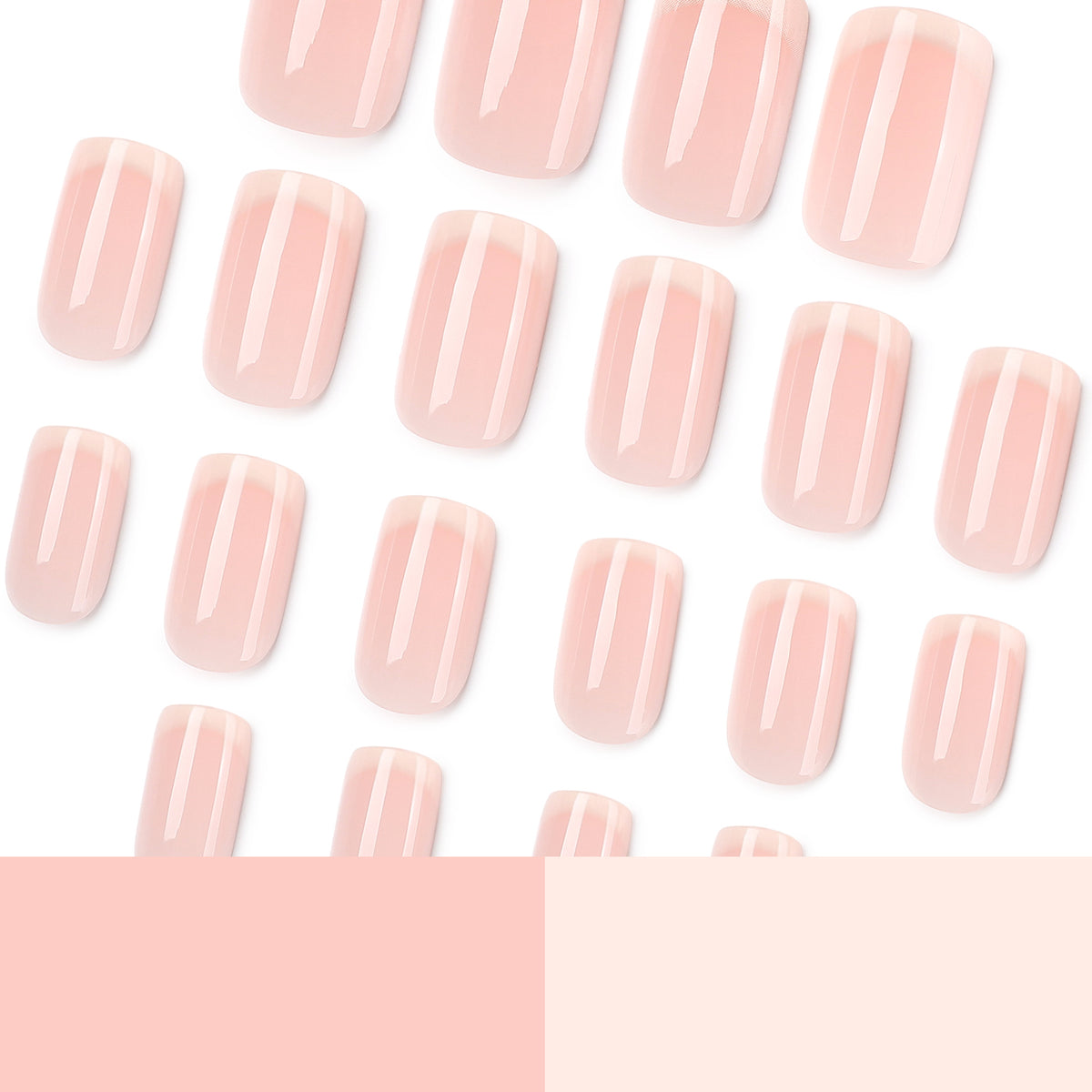 Many pale pink press-on nails arranged diagonally