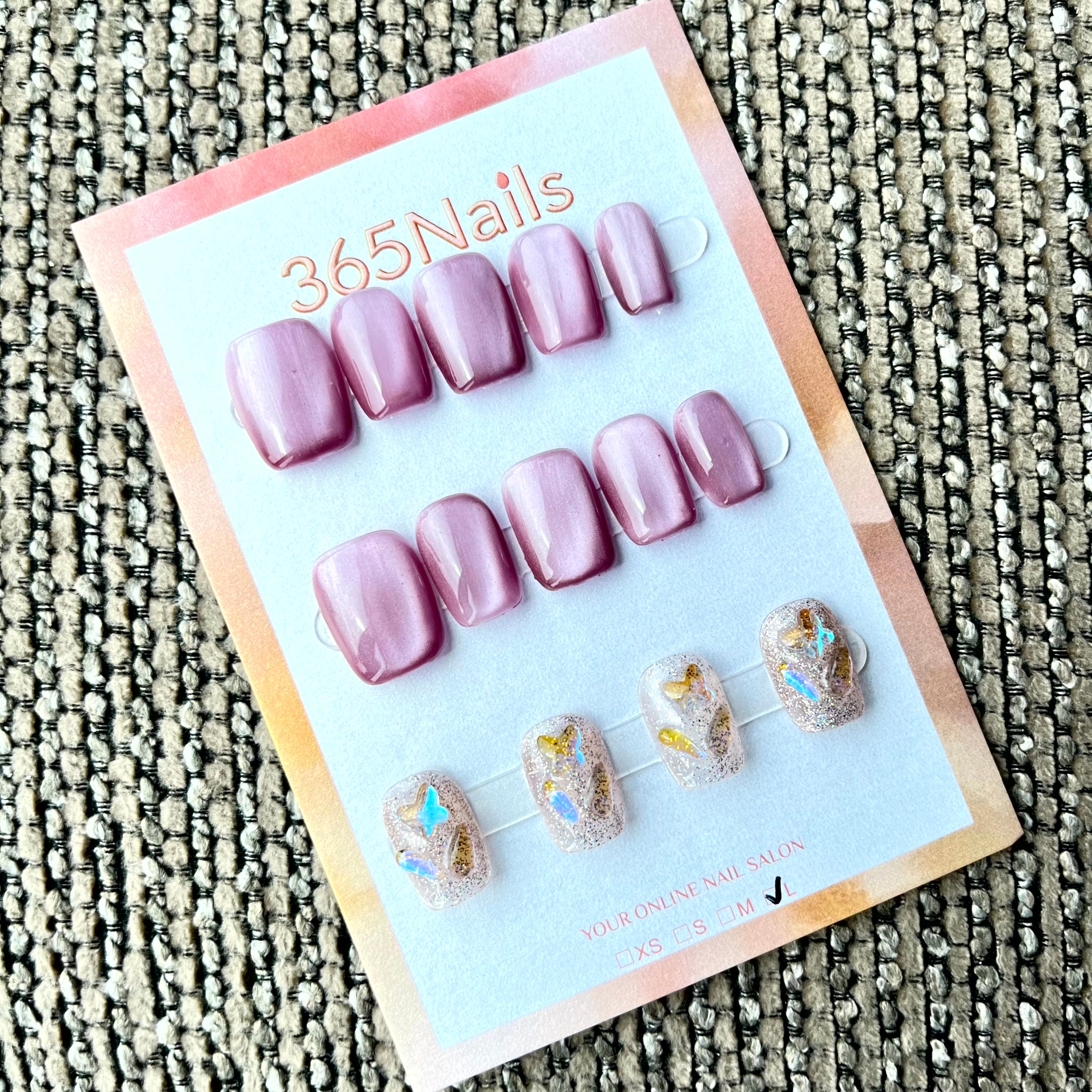 365nails: "Mauve Butterfly" – Pink Cat-Eye & Aurora Shard Handmade Squoval Nails