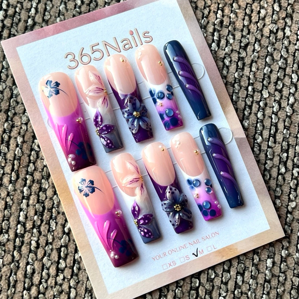 Violet Nocturne - Purple Floral 3D Press-On Nails