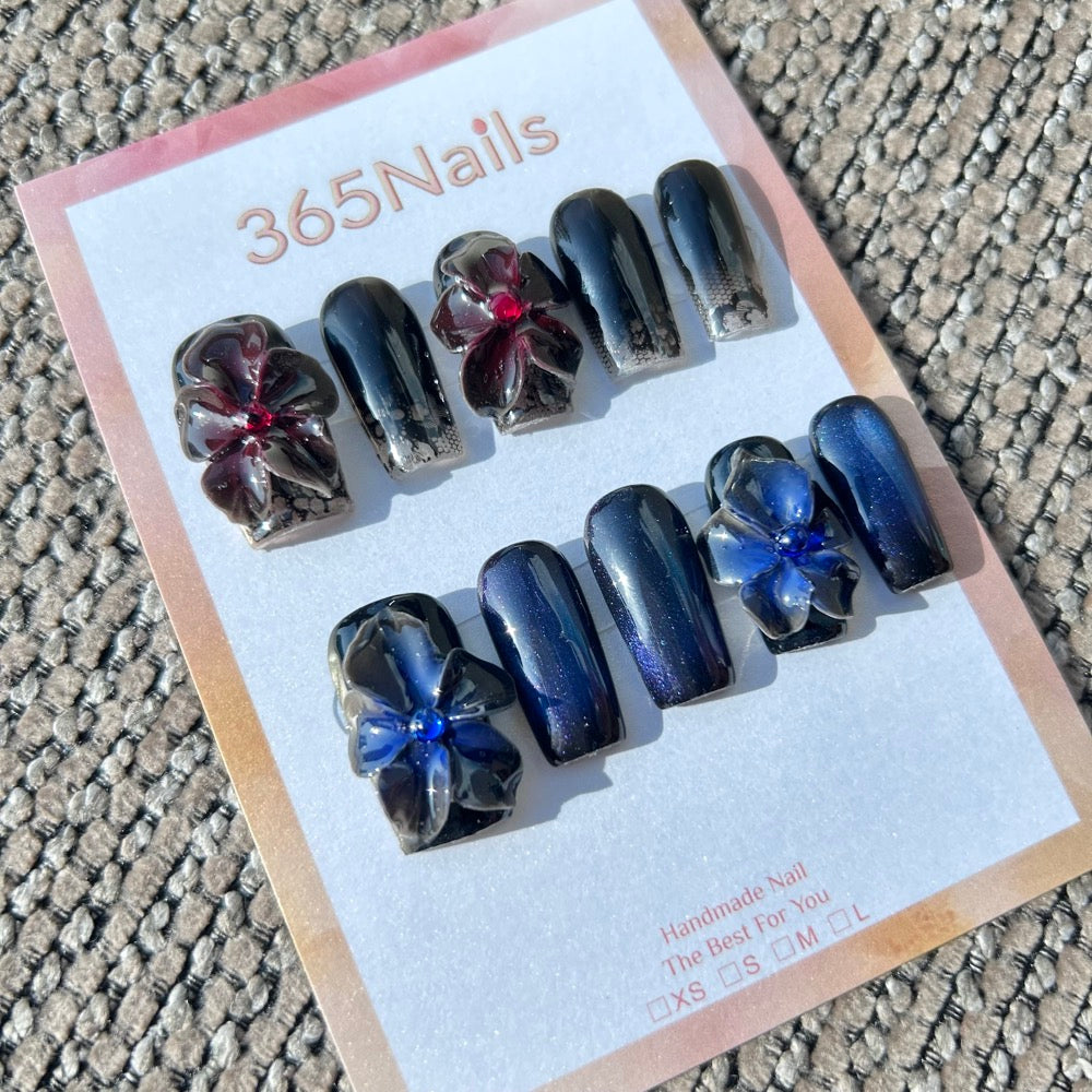 Sculpted Flora: "Gothic Lace Veil" – 3D Burgundy-Black Flower on Black & Lace Ombre Square Nails