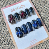 Sculpted Flora: "Gothic Lace Veil" – 3D Burgundy-Black Flower on Black & Lace Ombre Square Nails