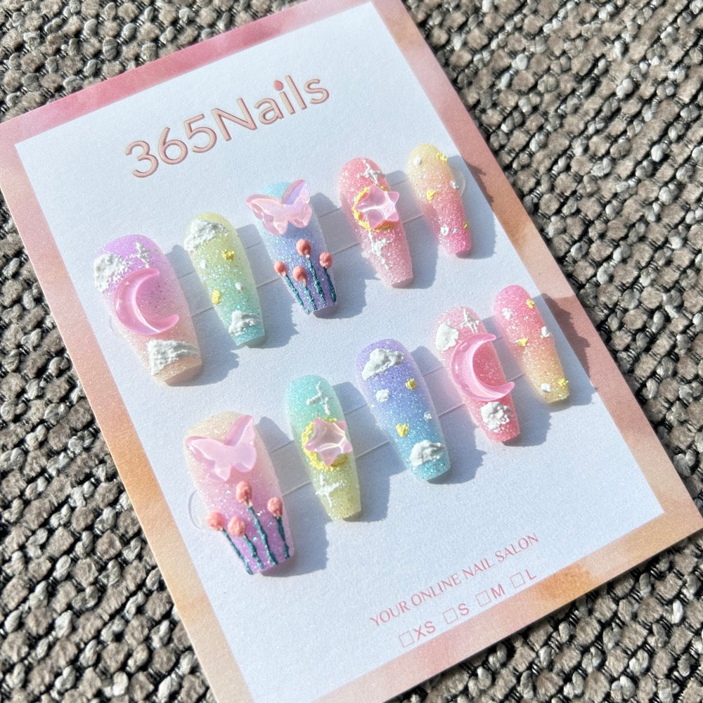 Sweet & Dopamine: "Rainbow Sugar Dream" – Pastel Gradient, Sugar Glitter Texture, 3D Clouds, Aurora Butterfly & Moon Press-on Nails
