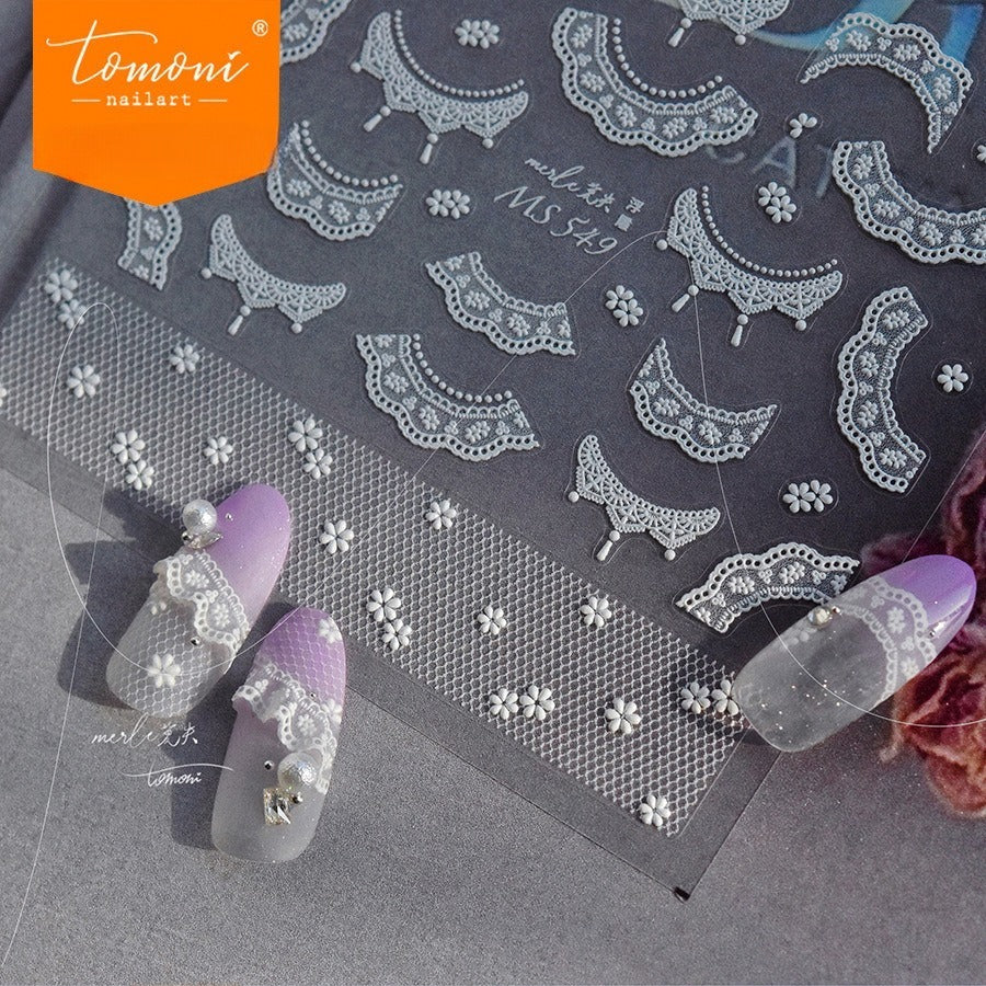 White Lace Collar Nail Stickers – 5D Embossed Vintage Lace Set